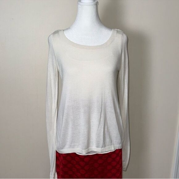 EXPRESS XS Ivory Crewneck Split Back Lightweight Knit Sweater Chiffon Lining - Picture 1 of 10